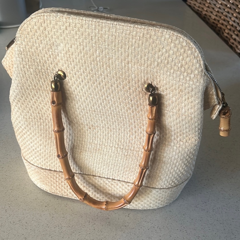 Elegant Cream Woven Handbag with Bamboo Handles